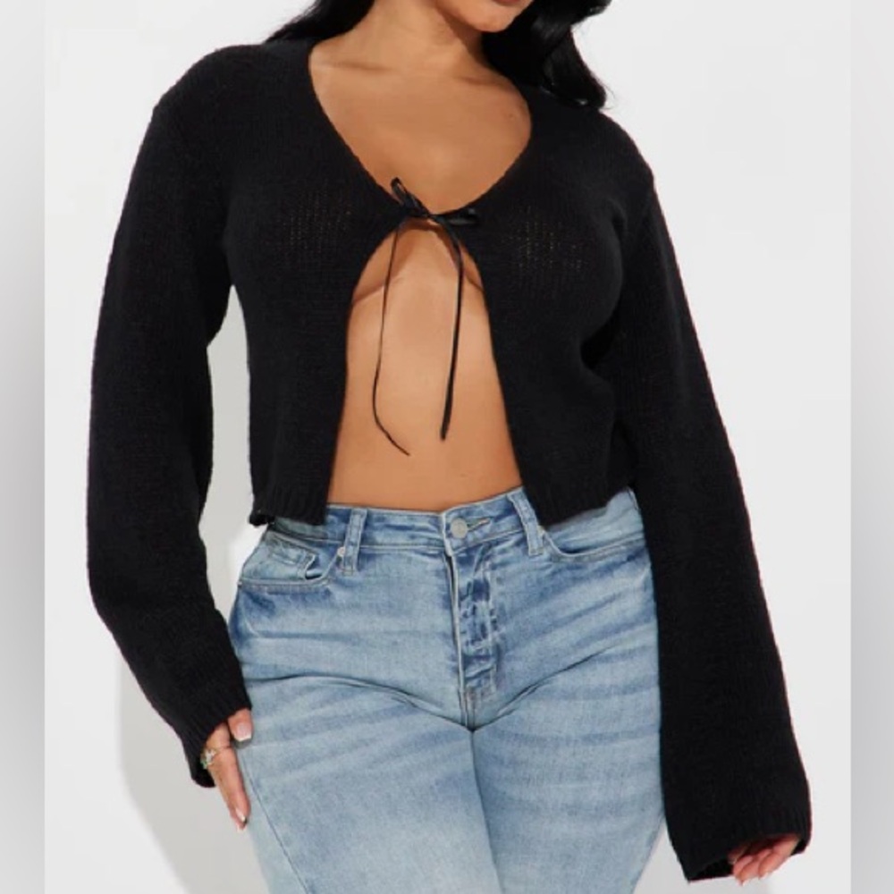 2X Fashion Nova tie bow front “in love cardigan” Black Knit Sweater